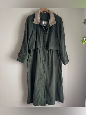 Vintage 90’s FS Limited Olive Green and Tan Trench Coat Removable Hood Sz 12